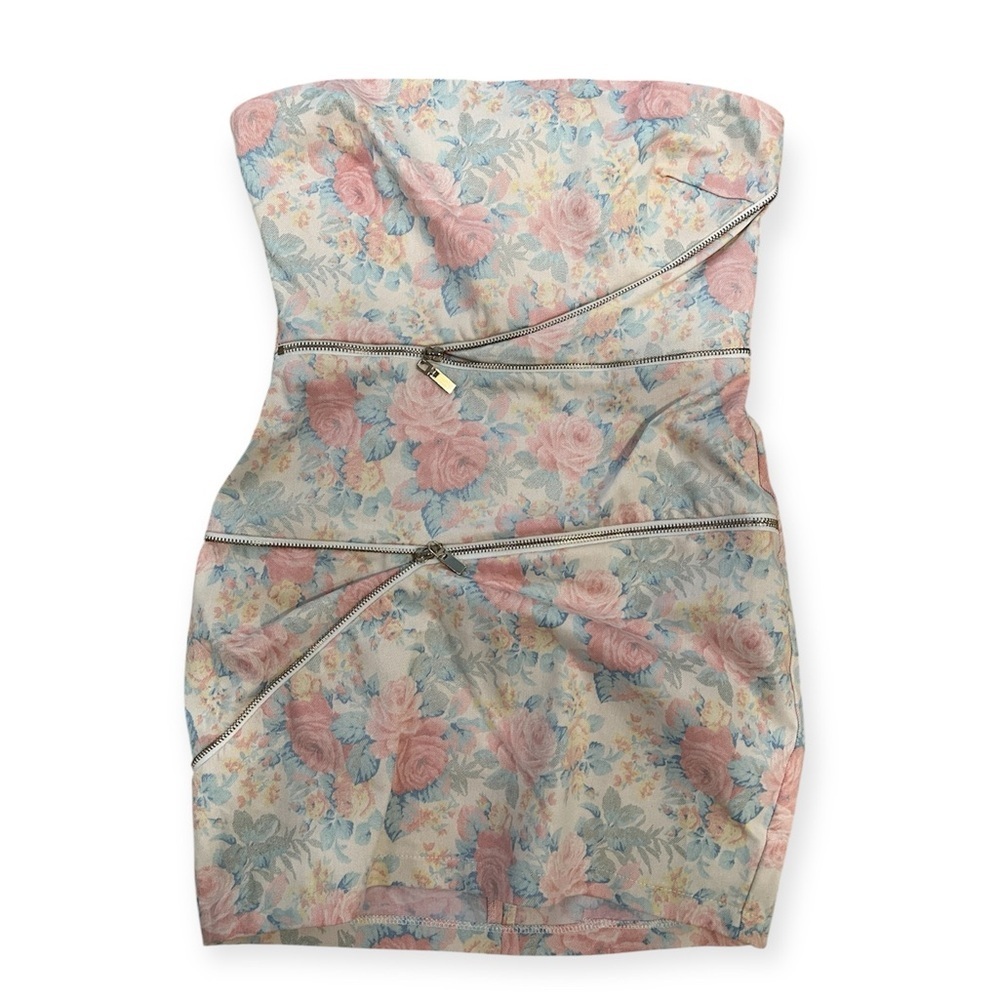 Tobi Floral Jean Strapless Mini Dress with zipper details- Size M